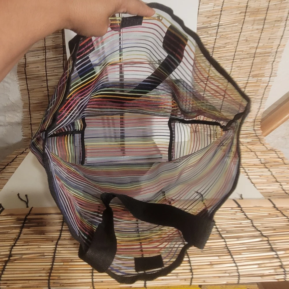 Black w/multicolor rainbow stripes Sheer Polyester Waterproof Tote